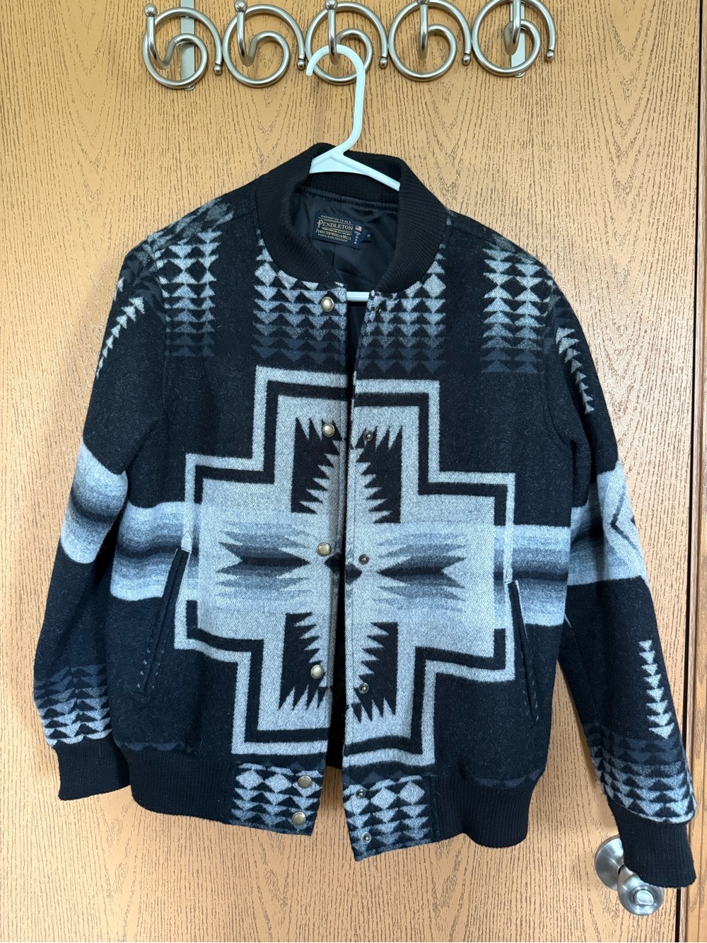 Pendleton Women’s Black & Gray Geometric Wool Bomber Sweater Jacket